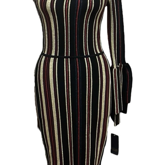160 Rachel Roy | NWT Black Gold Glitter Stripes One‑Shoulder Midi Dress (size S) - Picture 3 of 9